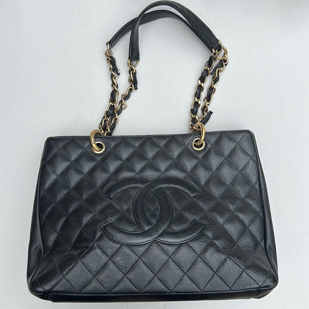 Chanel Grand Shopping Tote Black Caviar Leather Gold Hardware Discontinued GST